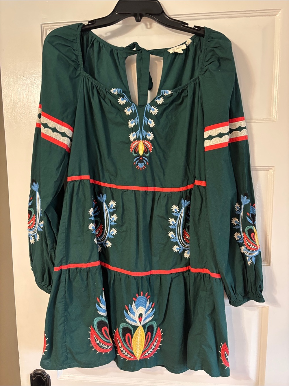 LetMeBee (Anthropologie) Forest Green Embroidered Long-Sleeve Tiered Dress/Tunic